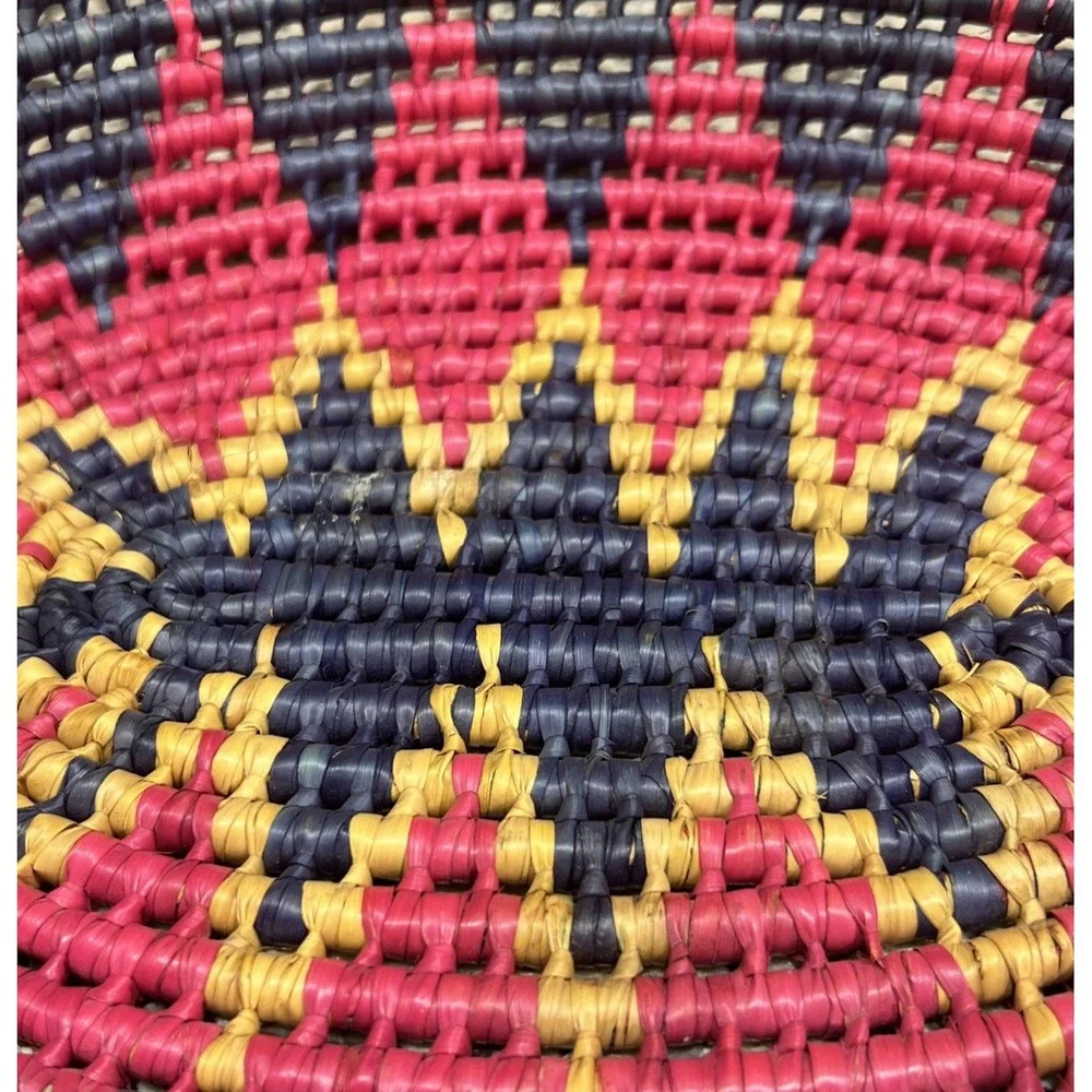 Southwestern/Mexican Jute Coil Weave Basket Colorful Pink Blue Oval 11.5